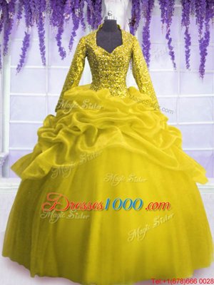 Designer V-neck Long Sleeves Sweet 16 Quinceanera Dress Floor Length Sequins and Pick Ups Yellow Organza