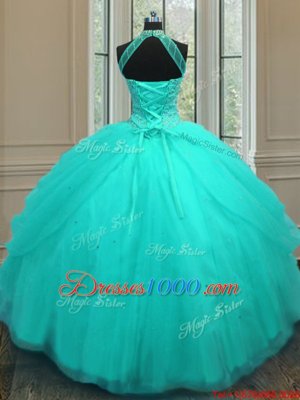 Aqua Blue Lace Up Halter Top Beading Quinceanera Dress Tulle Sleeveless