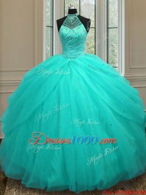 Aqua Blue Lace Up Halter Top Beading Quinceanera Dress Tulle Sleeveless