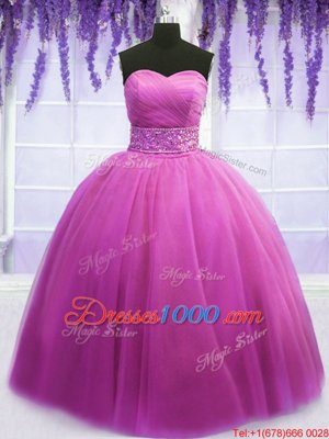 Cheap Lilac Lace Up Ball Gown Prom Dress Beading and Belt Sleeveless Floor Length
