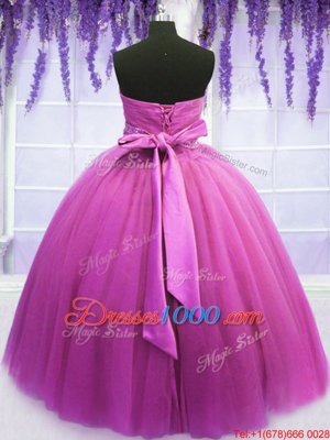 Cheap Lilac Lace Up Ball Gown Prom Dress Beading and Belt Sleeveless Floor Length