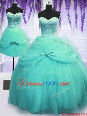 Chic Three Piece Beading and Bowknot 15th Birthday Dress Aqua Blue Lace Up Sleeveless Floor Length
