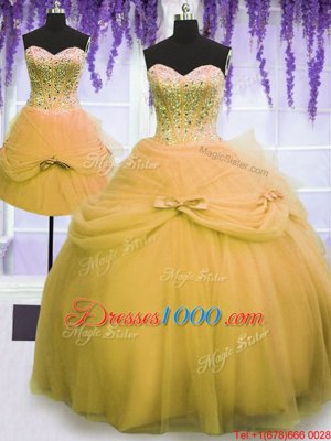 Vintage Three Piece Gold Tulle Lace Up Quinceanera Dresses Sleeveless Floor Length Beading and Bowknot
