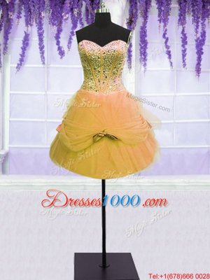 Vintage Three Piece Gold Tulle Lace Up Quinceanera Dresses Sleeveless Floor Length Beading and Bowknot