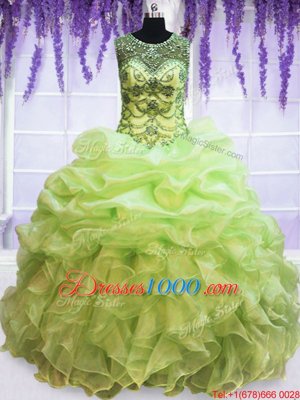 Pick Ups Scoop Sleeveless Lace Up 15th Birthday Dress Yellow Green Organza