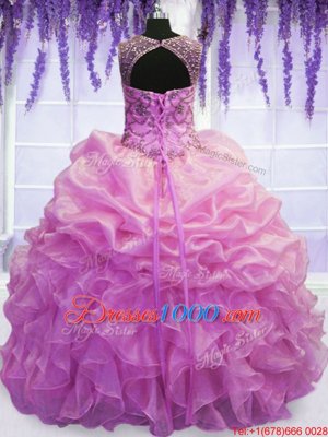 Fine Scoop Sleeveless Quince Ball Gowns Floor Length Beading and Pick Ups Lilac Organza