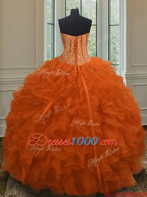Graceful Orange Red Quince Ball Gowns Military Ball and Sweet 16 and Quinceanera and For with Beading and Ruffles Sweetheart Sleeveless Lace Up