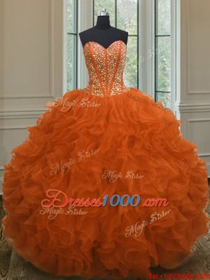 Graceful Orange Red Quince Ball Gowns Military Ball and Sweet 16 and Quinceanera and For with Beading and Ruffles Sweetheart Sleeveless Lace Up