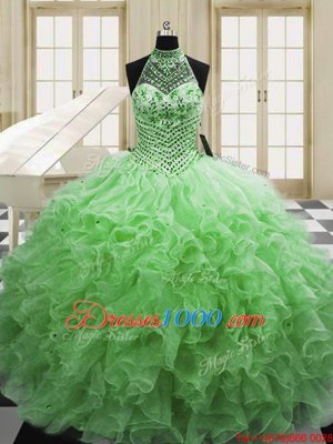 Halter Top Floor Length 15 Quinceanera Dress Tulle Sleeveless Beading and Ruffles