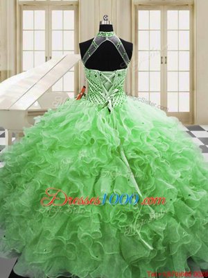 Halter Top Floor Length 15 Quinceanera Dress Tulle Sleeveless Beading and Ruffles