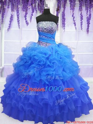 Pick Ups Ruffled Blue Sleeveless Organza Lace Up 15th Birthday Dress for Military Ball and Sweet 16 and Quinceanera