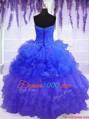 Pick Ups Ruffled Blue Sleeveless Organza Lace Up 15th Birthday Dress for Military Ball and Sweet 16 and Quinceanera
