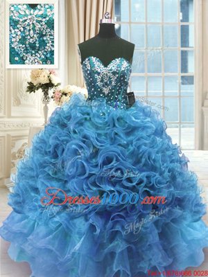 Colorful Blue Ball Gowns Organza Sweetheart Sleeveless Beading and Ruffles Floor Length Lace Up 15th Birthday Dress