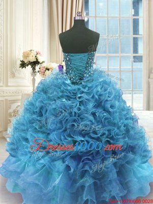 Colorful Blue Ball Gowns Organza Sweetheart Sleeveless Beading and Ruffles Floor Length Lace Up 15th Birthday Dress