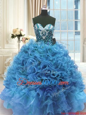 Colorful Blue Ball Gowns Organza Sweetheart Sleeveless Beading and Ruffles Floor Length Lace Up 15th Birthday Dress