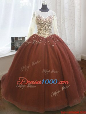 Fantastic Scoop Burgundy Organza Lace Up Quinceanera Dress Long Sleeves Sweep Train Beading and Sequins