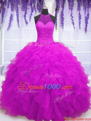 Colorful Fuchsia Lace Up High-neck Beading and Ruffles Quince Ball Gowns Organza Sleeveless