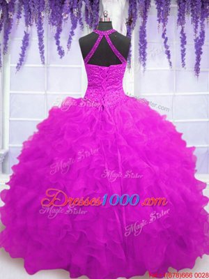 Colorful Fuchsia Lace Up High-neck Beading and Ruffles Quince Ball Gowns Organza Sleeveless