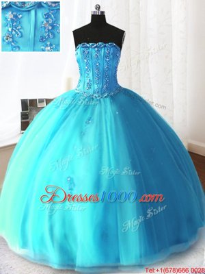 On Sale Strapless Sleeveless Tulle Quinceanera Gowns Beading and Appliques Lace Up