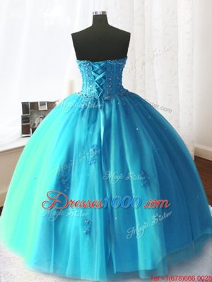 On Sale Strapless Sleeveless Tulle Quinceanera Gowns Beading and Appliques Lace Up