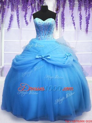 Blue Tulle Lace Up Quince Ball Gowns Sleeveless Floor Length Beading and Bowknot