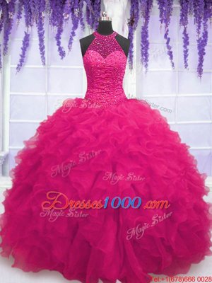 Hot Pink High-neck Neckline Beading and Ruffles Quince Ball Gowns Sleeveless Lace Up