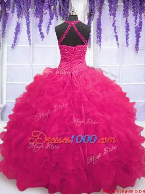 Hot Pink High-neck Neckline Beading and Ruffles Quince Ball Gowns Sleeveless Lace Up