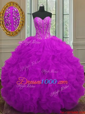 Edgy Purple Sleeveless Beading and Ruffles Floor Length Quinceanera Dresses