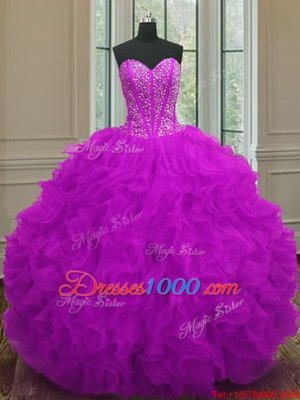 Edgy Purple Sleeveless Beading and Ruffles Floor Length Quinceanera Dresses