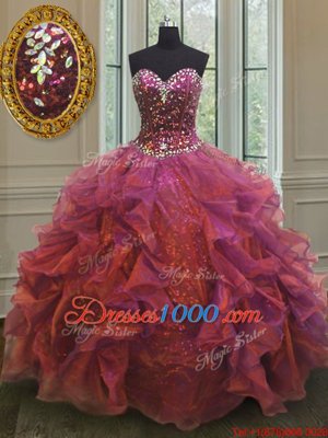 Colorful Purple Organza and Sequined Lace Up Quinceanera Dress Sleeveless Floor Length Beading and Ruffles