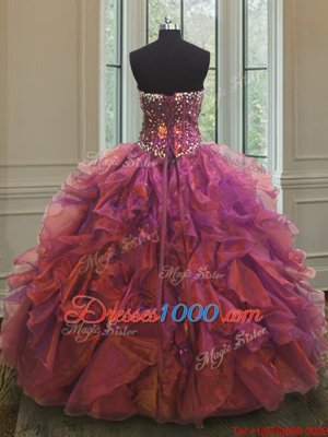 Colorful Purple Organza and Sequined Lace Up Quinceanera Dress Sleeveless Floor Length Beading and Ruffles