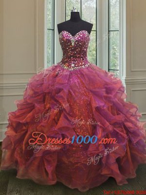 Colorful Purple Organza and Sequined Lace Up Quinceanera Dress Sleeveless Floor Length Beading and Ruffles