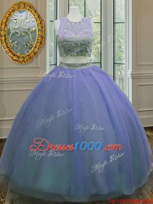 Scoop Sleeveless Quinceanera Gown Floor Length Ruffled Layers and Sashes|ribbons Lavender Tulle