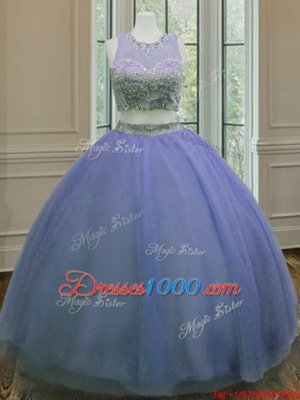 Scoop Sleeveless Quinceanera Gown Floor Length Ruffled Layers and Sashes|ribbons Lavender Tulle