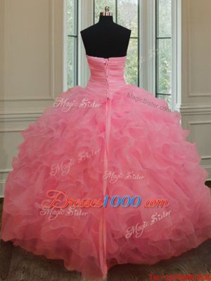 Organza Sweetheart Sleeveless Lace Up Beading and Ruffles Quinceanera Gown in Rose Pink