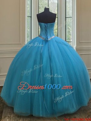 Clearance Teal Sleeveless Tulle Lace Up Sweet 16 Dresses for Military Ball and Sweet 16 and Quinceanera