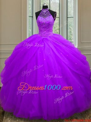 Elegant Halter Top Floor Length Lace Up Sweet 16 Quinceanera Dress Purple and In for Military Ball and Sweet 16 and Quinceanera with Beading and Sequins