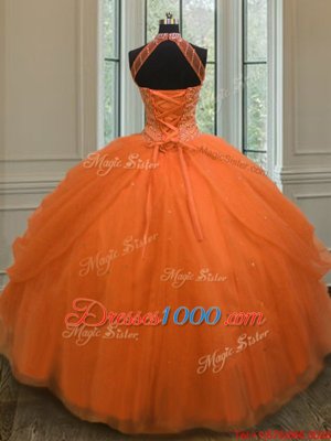 Elegant Halter Top Floor Length Lace Up Sweet 16 Quinceanera Dress Purple and In for Military Ball and Sweet 16 and Quinceanera with Beading and Sequins