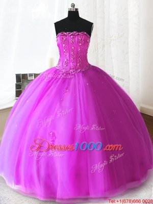 Fuchsia Strapless Lace Up Beading and Appliques Sweet 16 Quinceanera Dress Sleeveless