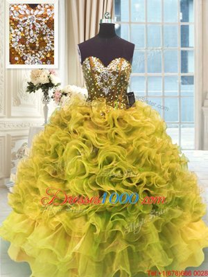 Gold Sweetheart Lace Up Beading and Ruffles Quinceanera Gowns Sleeveless