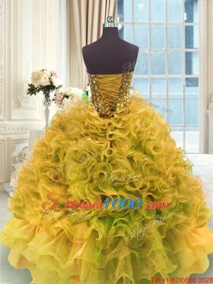 Gold Sweetheart Lace Up Beading and Ruffles Quinceanera Gowns Sleeveless