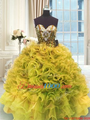 Gold Sweetheart Lace Up Beading and Ruffles Quinceanera Gowns Sleeveless