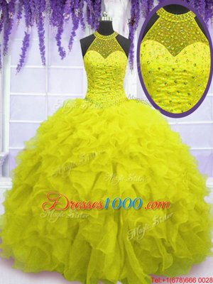 Yellow Ball Gowns High-neck Sleeveless Organza Floor Length Lace Up Beading and Ruffles Sweet 16 Dress