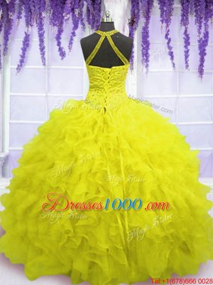 Yellow Ball Gowns High-neck Sleeveless Organza Floor Length Lace Up Beading and Ruffles Sweet 16 Dress