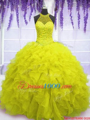 Yellow Ball Gowns High-neck Sleeveless Organza Floor Length Lace Up Beading and Ruffles Sweet 16 Dress