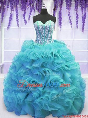 Suitable Aqua Blue Lace Up Sweetheart Beading and Ruffles Vestidos de Quinceanera Organza Sleeveless Sweep Train