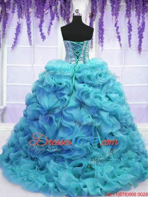 Suitable Aqua Blue Lace Up Sweetheart Beading and Ruffles Vestidos de Quinceanera Organza Sleeveless Sweep Train