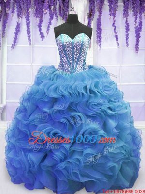 Low Price Sleeveless Beading and Ruffles Lace Up Quinceanera Dresses with Baby Blue Sweep Train