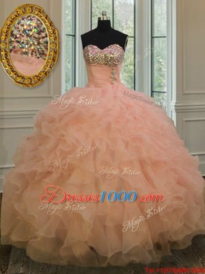 Customized Peach Ball Gowns Sweetheart Sleeveless Organza Floor Length Lace Up Beading and Ruffles Quince Ball Gowns