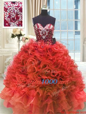 Wine Red Lace Up Sweetheart Beading and Ruffles Quinceanera Gown Organza Sleeveless